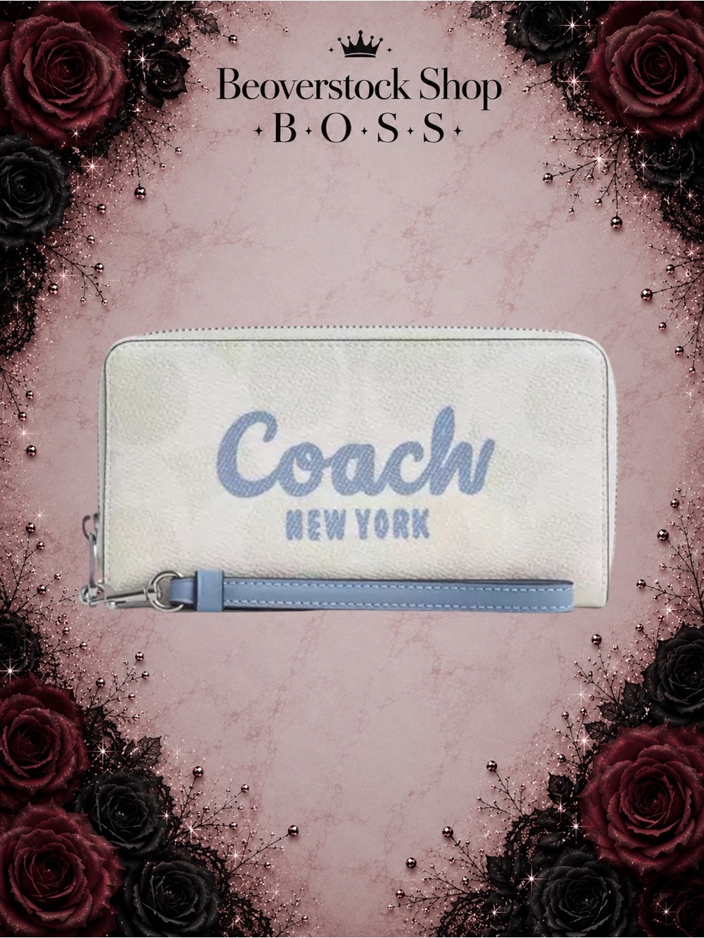 🔴New NWT Coach Long Zip Around Wallet – Signature Canvas in Sv/Chalk/Bluebell